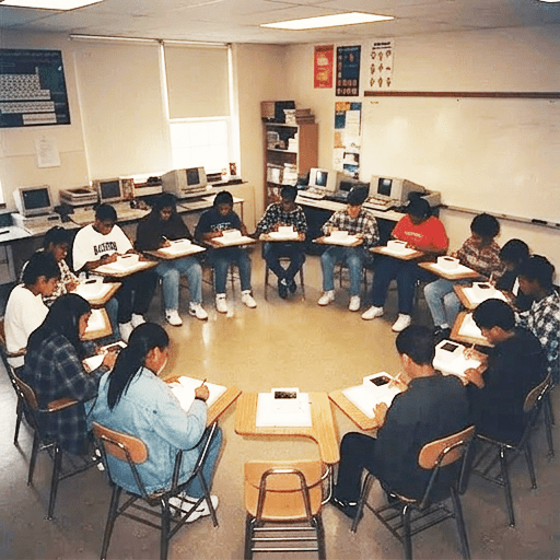 A classroom of students with their desk arranged in the  classroom, in a circular style, working on light boxes in class for a therapy practice.