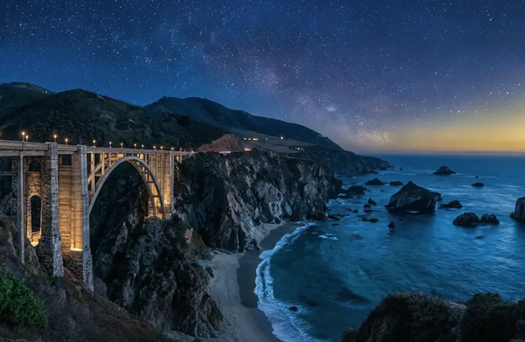 By the ocean during a dark cloudy faint sunset, seen here is the Bixby Bridge. The ocean was a nice dark teal blue.