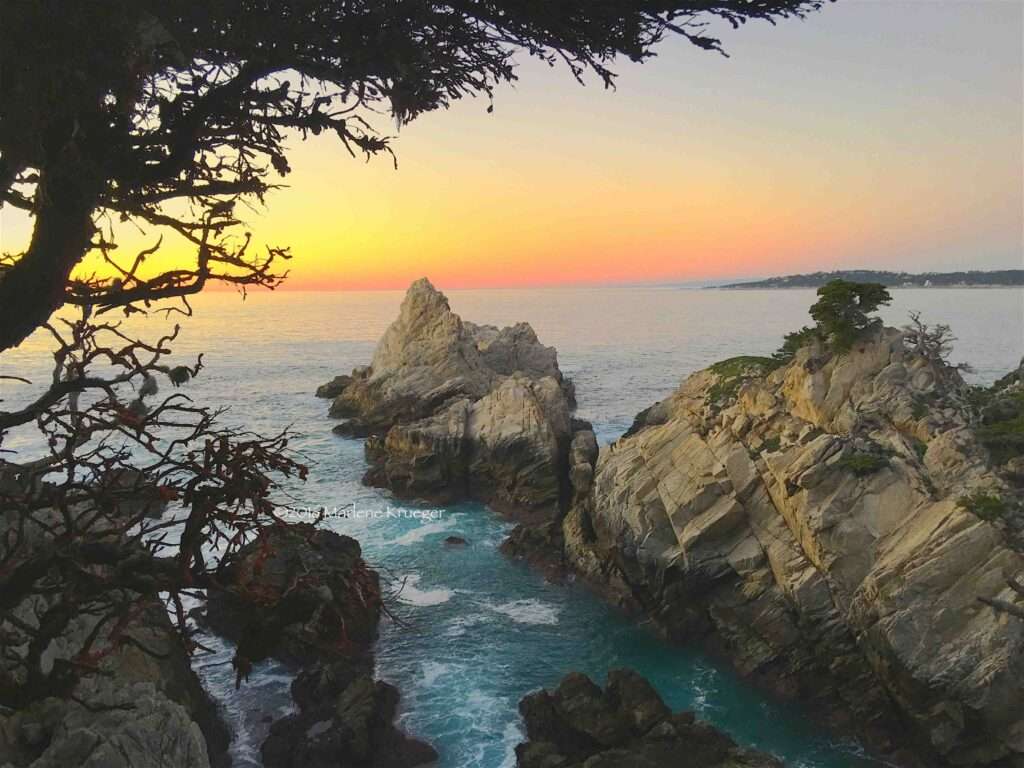 The boulders sitting on the water by the beach, with a leaning cypress tree. The sky has an orange and yellow sunset, and the ocean is light china blue.

Wind-swept Lone Cypress at Point Lobos
