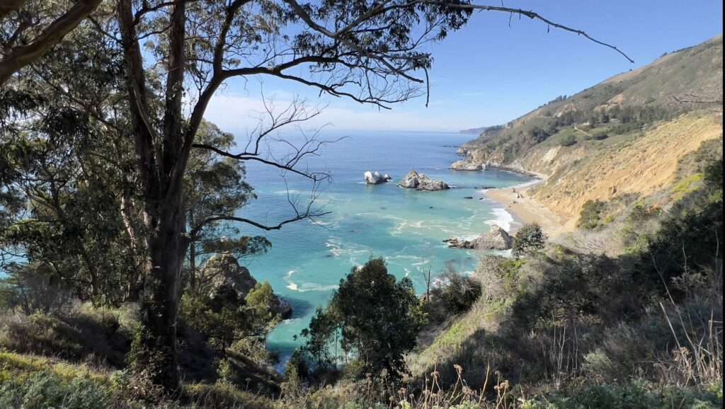 The campground in this area hidden between the sycamore trees, with a beach about 60 feet down the it's bluff. The sky is blue, and the Pacific ocean is blue  with a hint of aquamarine blue. There are mountains, with large stones at the beach.