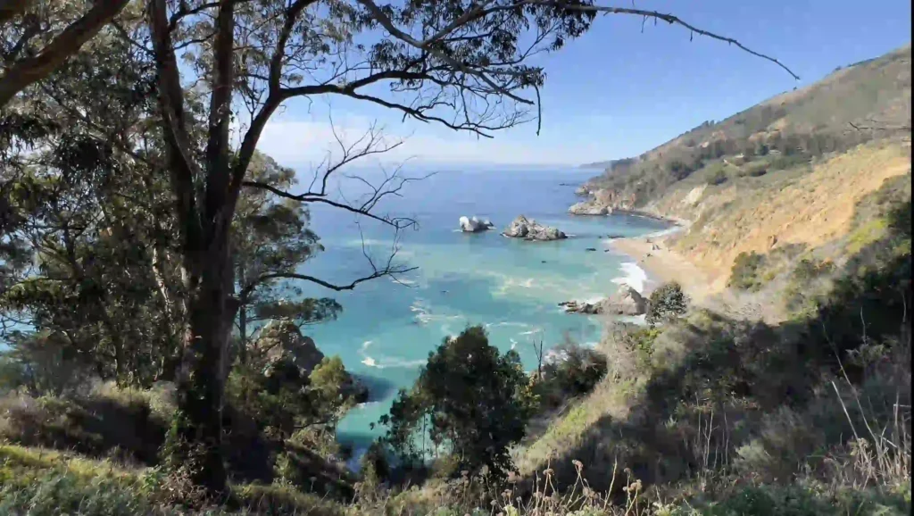 This is wide scene near the campgrounds, the mountains are high, color has some yellow core, light burnt umber, there are tall trees on the left side, dark burnt umber and the leaves on the trees are hooker's green. The ocean is a beautiful teal blue in various shades of blue to white, the lightest of the water is white that meets on the beige sand.