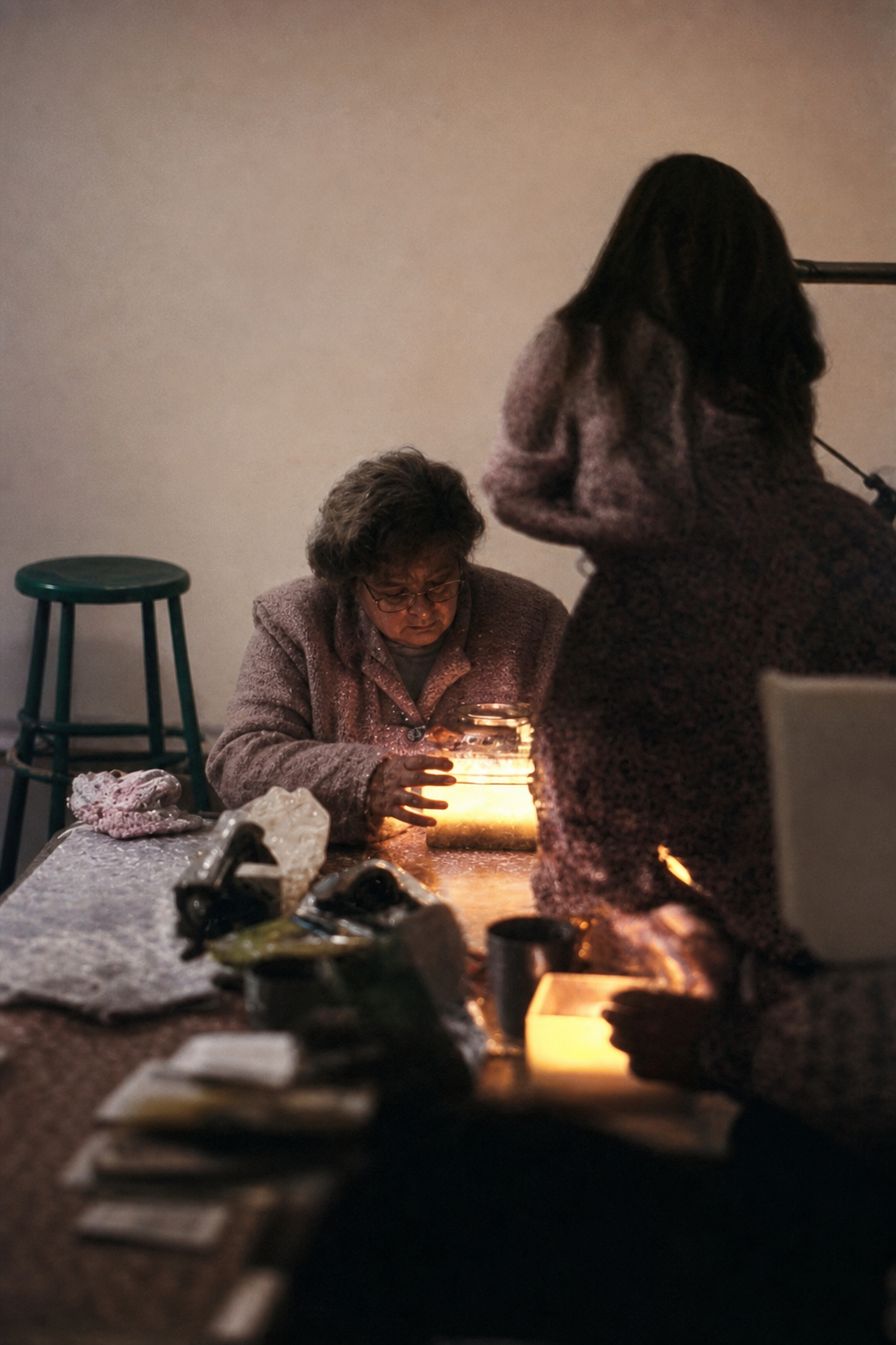In this photo a group of high school teachers learn about kinetic light, with Marlene Krueger, at a dark room in the Museum of the Art Institute of Chicago.